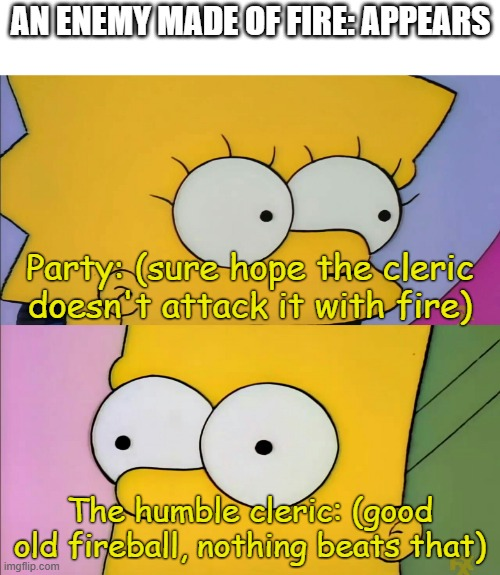 AN ENEMY MADE OF FIRE: APPEARS Party (sure hope the cleric doesn't attack it with fire) The humble cleric: (good old fireball, nothing beats that) imgflip.com