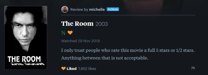 Review by michelle PATRON THE ROOM The Room 2003 ½ Watched 29 Nov 2018 I only trust people who rate this movie a full 5 stars or 1/2 stars. Anything between that is not acceptable. Liked 7,852 likes