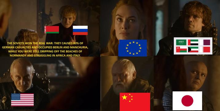 THE SOVIETS WON THE REAL WAR: THEY CAUSED 80% OF GERMAN CASUALTIES AND OCCUPIED BERLIN AND MANCHURIA, WHILE YOU WERE STILL DRIPPING OFF THE BEACHES OF NORMANDY AND STRUGGLING IN AFRICA AND ITALY. 모든 :