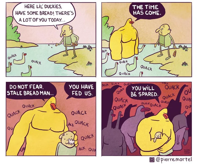 QUACK HERE LIL' DUCKIES, HAVE SOME BREAD! THERE'S A LOT OF YOU TODAY... THE TIME HAS COME. QUACK DO NOT FEAR, STALE BREAD MAN... QUACK QU QUACK ACK QUACK QUACK QUACK YOU HAVE ACK QUACA FED US. QUAC QUACK ACK QUACK QUACK YOU WILL BE SPARED. QUACK QUACK QUACK QUACK QUACK QU QUACK QUA QUA LACK QUACK QUACK ACK QUA @pierremortel