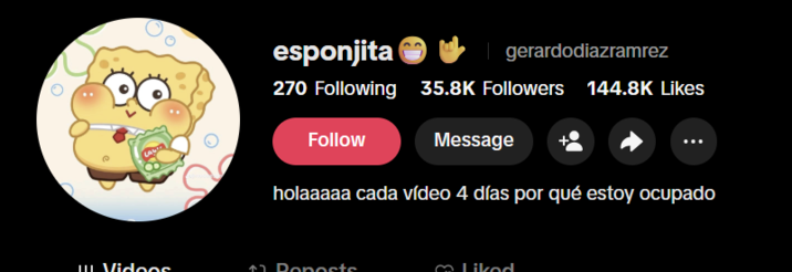 esponjita gerardodiazramrez 270 Following 35.8K Followers 144.8K Likes Follow Message holaaaaa cada vídeo 4 días por qué estoy ocupado Vidoos ↑ Poports Likod
