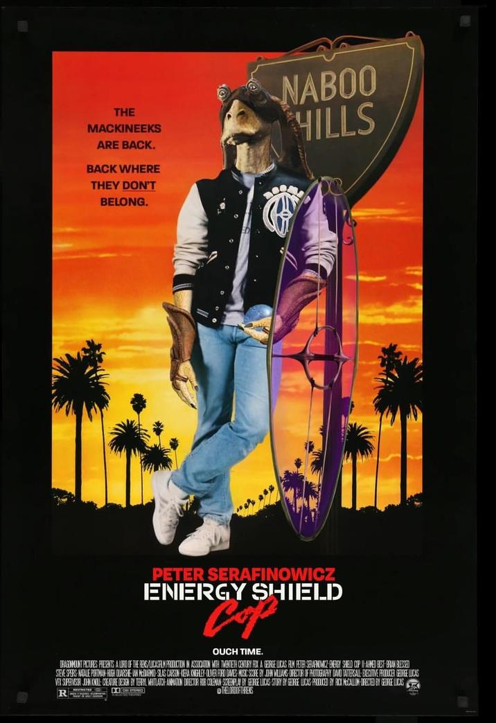 THE MACKINEEKS ARE BACK. BACK WHERE THEY DON'T BELONG. NABOO HILLS PETER SERAFINOWICZ ENERGY SHIELD OUCH TIME. DRAGONMOUNT PICTURES PRESENTS A LORD OF THE RENS/LUCASFILM PRODUCTION IN ASSOCIATION WITH TWENTIETH CENTURY FOX A GEORGE LUCAS FILM PETER SERAFINOWICZ ENERGY SHELD COP II-AHMED BEST-BRIAN BLESSED STEVE SPERS NATALIE PORTMAN HUGH QUARSHE IAN MEDIAFMID-SLAS CARSON KERA KINGHLEY OLIVER FORD DAVES MUSIC SCORE BY JOHN WILLIAMS-DIRECTOR OF PHOTOGRAPHY DAVID TATTERSALL: EXECUTIVE PRODUCER GEORGE LUCAS VEX SUPERVISOR JOHN KNOLL CREATURE DESIGN BY TERRYL WHITLATCH-ANIMATION DIRECTOR ROB COLEMAN-SCREENPLAY BY GEORGE LUCAS-STORY BY GEORGE LICAS-PRODUCED BY RICK MCCALLUM-DIRECTED BY GEORGE LUCAS R RESTRICTED GISTEREC THELORDOFTHRENS