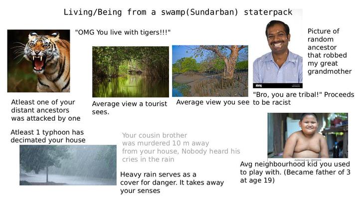 Living/Being from a swamp (Sundarban) staterpack "OMG You live with tigers!!!" alamy Picture of random ancestor that robbed my great grandmother "Bro, you are tribal!" Proceeds Atleast one of your distant ancestors was attacked by one Atleast 1 typhoon has decimated your house Average view a tourist sees. Average view you see to be racist Your cousin brother was murdered 10 m away from your house, Nobody heard his cries in the rain Heavy rain serves as a cover for danger. It takes away your senses shutterstock.com 1403723135 Avg neighbourhood kid you used to play with. (Became father of 3 at age 19)