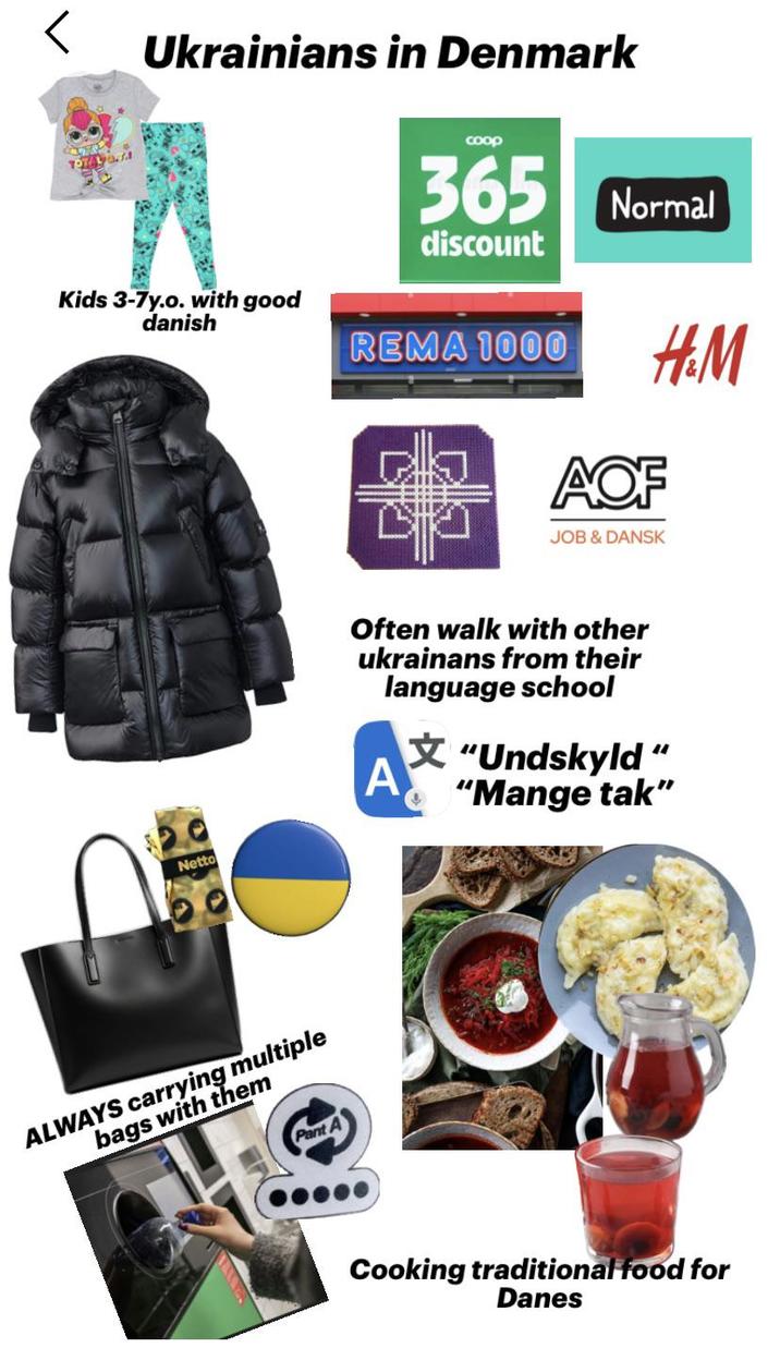 TOTA Ukrainians in Denmark coop 365 Normal discount Kids 3-7y.o. with good danish Netto ALWAYS carrying multiple bags with them Pant REMA 1000 H&M B AOF JOB & DANSK Often walk with other ukrainans from their language school A "Undskyld" "Mange tak" Cooking traditional food for Danes