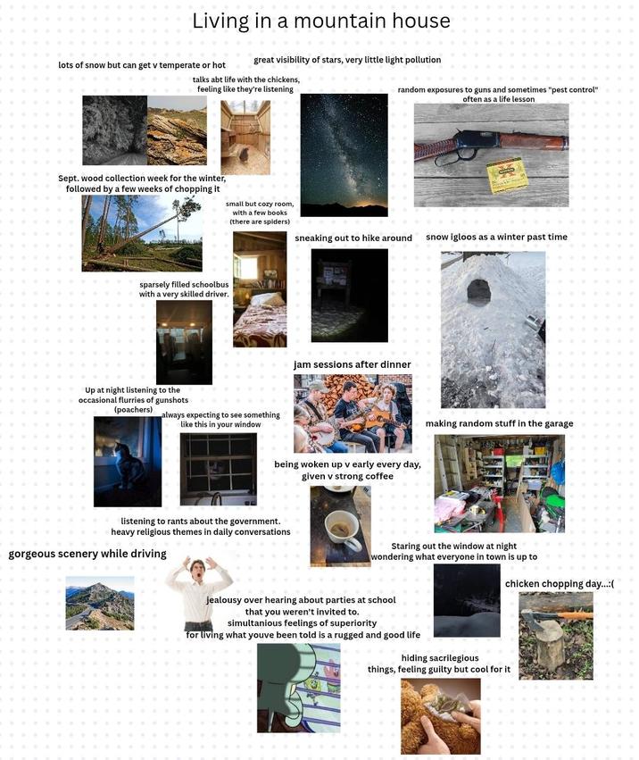Living in a mountain house great visibility of stars, very little light pollution talks abt life with the chickens, feeling like they're listening random exposures to guns and sometimes "pest control" often as a life lesson lots of snow but can get v temperate or hot Sept. wood collection week for the winter, followed by a few weeks of chopping it small but cozy room, with a few books (there are spiders) sparsely filled schoolbus with a very skilled driver. Up at night listening to the occasional flurries of gunshots (poachers) always expecting to see something like this in your window sneaking out to hike around snow igloos as a winter past time jam sessions after dinner being woken up v early every day, given v strong coffee listening to rants about the government. heavy religious themes in daily conversations gorgeous scenery while driving making random stuff in the garage Staring out the window at night wondering what everyone in town is up to chicken chopping day...:( jealousy over hearing about parties at school that you weren't invited to. simultanious feelings of superiority for living what youve been told is a rugged and good life hiding sacrilegious things, feeling guilty but cool for it