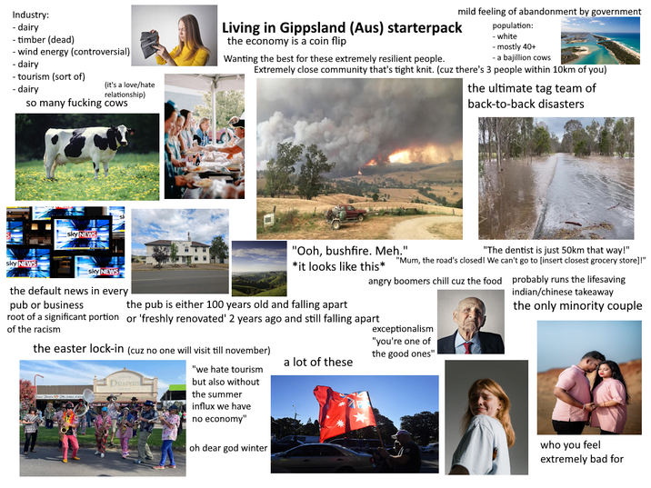 Industry: - dairy -timber (dead) - wind energy (controversial) - dairy - tourism (sort of) - dairy (it's a love/hate relationship) so many f------ cows sky NEWS mild feeling of abandonment by government Living in Gippsland (Aus) starterpack the economy is a coin flip Wanting the best for these extremely resilient people. population: -white - mostly 40+ - a bajillion cows Extremely close community that's tight knit. (cuz there's 3 people within 10km of you) the ultimate tag team of back-to-back disasters sky NEWS sky NEWS the default news in every "Ooh, bushfire. Meh." *it looks like this* "The dentist is just 50km that way!" "Mum, the road's closed! We can't go to [insert closest grocery store]!" angry boomers chill cuz the food probably runs the lifesaving indian/chinese takeaway pub or business the pub is either 100 years old and falling apart root of a significant portion or 'freshly renovated' 2 years ago and still falling apart of the racism the easter lock-in (cuz no one will visit till november) DRAPERY Tour Pants & Plc 5102, 5700 "we hate tourism but also without the summer influx we have no economy" oh dear god winter a lot of these exceptionalism "you're one of the good ones" the only minority couple who you feel extremely bad for