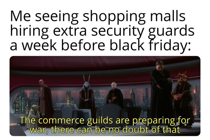 Me seeing shopping malls hiring extra security guards a week before black friday: The commerce guilds are preparing for war, there can be no doubt of that