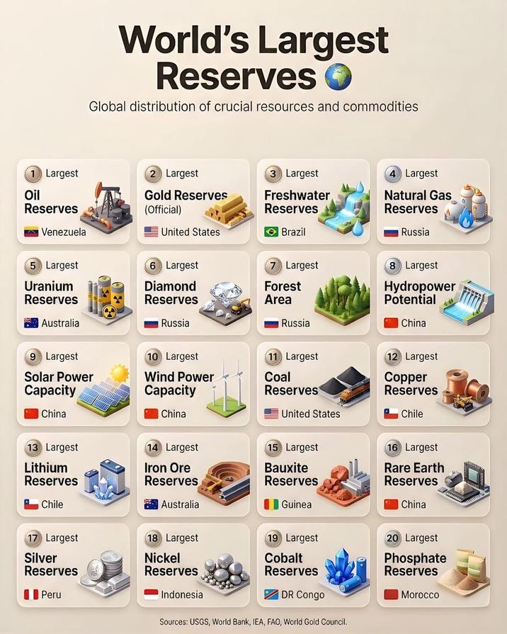 World's Largest Reserves Global distribution of crucial resources and commodities 1 Largest Oil Reserves Venezuela 2 Largest 3 Largest 4 Largest Gold Reserves (Official) United States Freshwater Reserves Brazil Natural Gas Reserves Russia 5 Largest 6 Largest Uranium Reserves Diamond Reserves Area Australia Russia Russia 7 Largest Forest 8 Largest Hydropower Potential China 10 Largest 11 Largest 9 Largest Solar Power Capacity China 13 Largest Lithium Reserves Wind Power Capacity China Coal Reserves United States 12 Largest Copper Reserves Chile 14 Largest Iron Ore Reserves 15 Largest Bauxite Reserves Guinea 16 Largest Rare Earth Reserves China Chile Australia 17 Largest 18 Largest 19 Largest Silver Reserves Peru Nickel Reserves Indonesia Cobalt Reserves DR Congo Sources: USGS, World Bank, IEA, FAO, World Gold Council. 20 Largest Phosphate Reserves Morocco