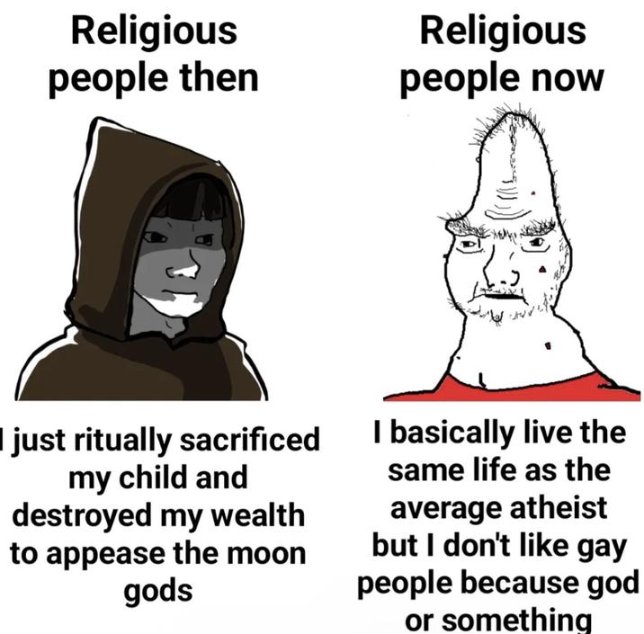 Religious people then Religious people now I just ritually sacrificed my child and destroyed my wealth to appease the moon gods I basically live the same life as the average atheist but I don't like gay people because god or something
