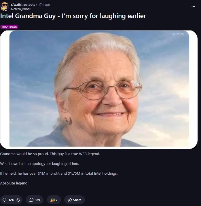 An /r/wallstreetbets user apologizing for laughing at the Intel grandma guy.