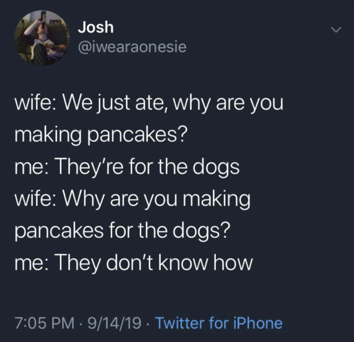 > Josh @iwearaonesie wife: We just ate, why are you making pancakes? me: They're for the dogs wife: Why are you making pancakes for the dogs? me: They don't know how 7:05 PM - 9/14/19 Twitter for iPhone