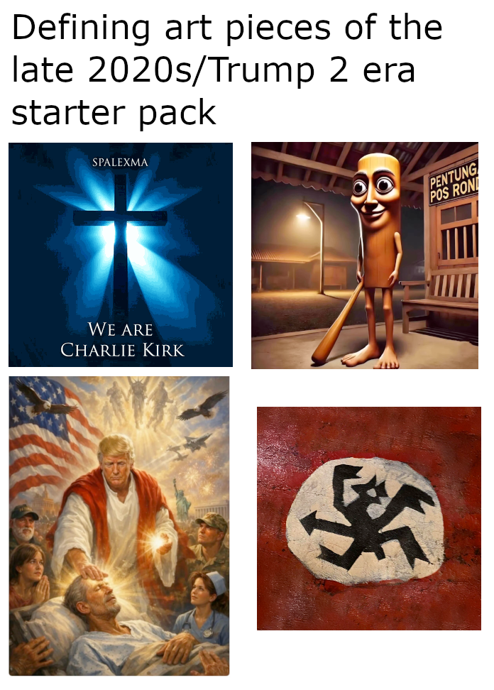 Defining art pieces of the late 2020s/Trump 2 era starter pack SPALEXMA WE ARE CHARLIE KIRK PENTUNG POS RON
