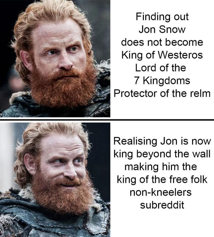 Finding out Jon Snow does not become King of Westeros Lord of the 7 Kingdoms Protector of the relm Realising Jon is now king beyond the wall making him the king of the free folk non-kneelers subreddit