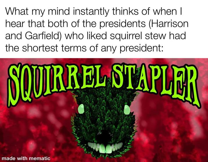 What my mind instantly thinks of when I hear that both of the presidents (Harrison. and Garfield) who liked squirrel stew had the shortest terms of any president: SQUIRREL STAPLER made with mematic
