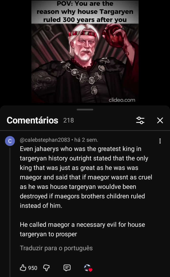 POV: You are the reason why house Targaryen ruled 300 years after you clideo.com Comentários 218 C @calebstephan2083 • há 2 sem. 88 Even jahaerys who was the greatest king in targeryan history outright stated that the only king that was just as great as he was was maegor and said that if maegor wasnt as cruel as he was house targeryan wouldve been destroyed if maegors brothers children ruled instead of him. He called maegor a necessary evil for house targeryan to prosper Traduzir para o português 950 ... ☑