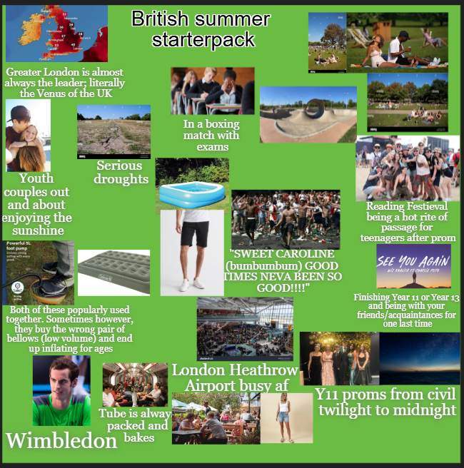 British summer starterpack Greater London is almost always the leader; literally the Venus of the UK In a boxing match with exams Youth couples out and about enjoying the sunshine Powerful SL foot pump Serious droughts Both of these popularly used together. Sometimes however, they buy the wrong pair of bellows (low volume) and end up inflating for ages A Tube is alway packed and Wimbledon bakes "SWEET CAROLINE (bumbumbum) GOOD TIMES NEVA BEEN SO GOOD!!!!" London Heathrow. Airport busy af Reading Festival being a hot rite of passage for teenagers after prom SEE YOU AGAIN Finishing Year 11 or Year 13 and being with your friends/acquaintances for one last time Y11 proms from civil twilight to midnight