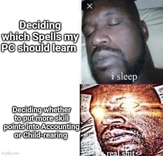 X Deciding which Spells my PC should learn i sleep Deciding whether to put more skill points into Accounting or Child-rearing imgflip.com real s---
