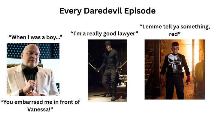 Every Daredevil Episode "I'm a really good lawyer" "Lemme tell ya something, red" "When I was a boy..." "You embarrsed me in front of Vanessa!"
