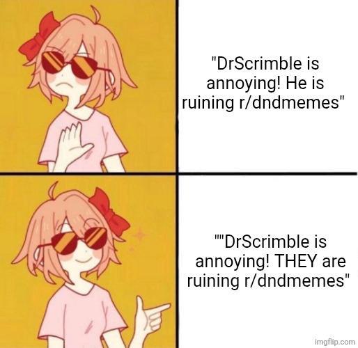 "DrScrimble is annoying! He is ruining r/dndmemes" ""DrScrimble is annoying! THEY are ruining r/dndmemes" imgflip.com