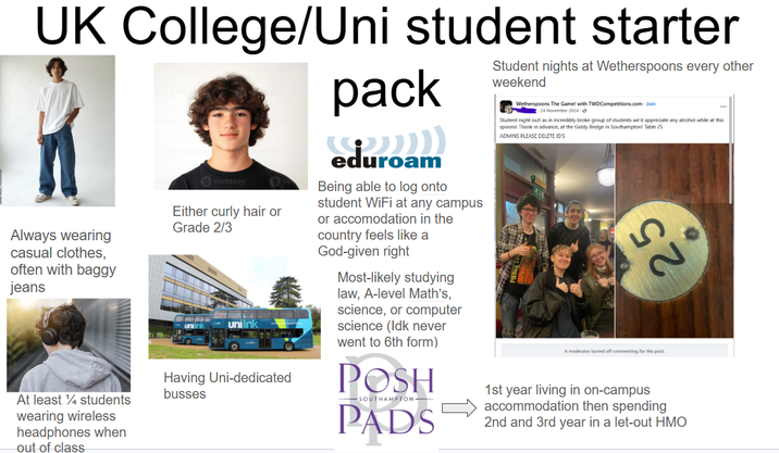 UK College/Uni student starter Always wearing casual clothes, often with baggy jeans At least 4 students wearing wireless headphones when out of class Vecteezy V Either curly hair or Grade 2/3 Having Uni-dedicated busses pack edur??!) Being able to log onto student WiFi at any campus or accomodation in the country feels like a God-given right Most-likely studying law, A-level Math's, science, or computer science (Idk never went to 6th form) POSH -SOUTHAMPTON- PADS Student nights at Wetherspoons every other weekend Wetherspoons The Gamel with TWDCompetitions.com - Join 24 November 2024- Student night out! as in incredibly broke group of students we'd appreciate any alcohol while at this spoons! Thank in advance, at the Giddy Bridge in Southampton! Table 25 ADMINS PLEASE DELETE ID'S 25 A moderator turned off commenting for this post. 1st year living in on-campus accommodation then spending 2nd and 3rd year in a let-out HMO