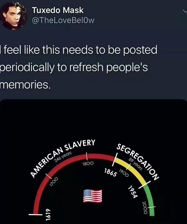 Tuxedo Mask @TheLoveBelow I feel like this needs to be posted periodically to refresh people's memories. AMERICAN SLAVERY 1700 246 years 1619 SEGREGATION years 1800 1865 1900 1954 2000