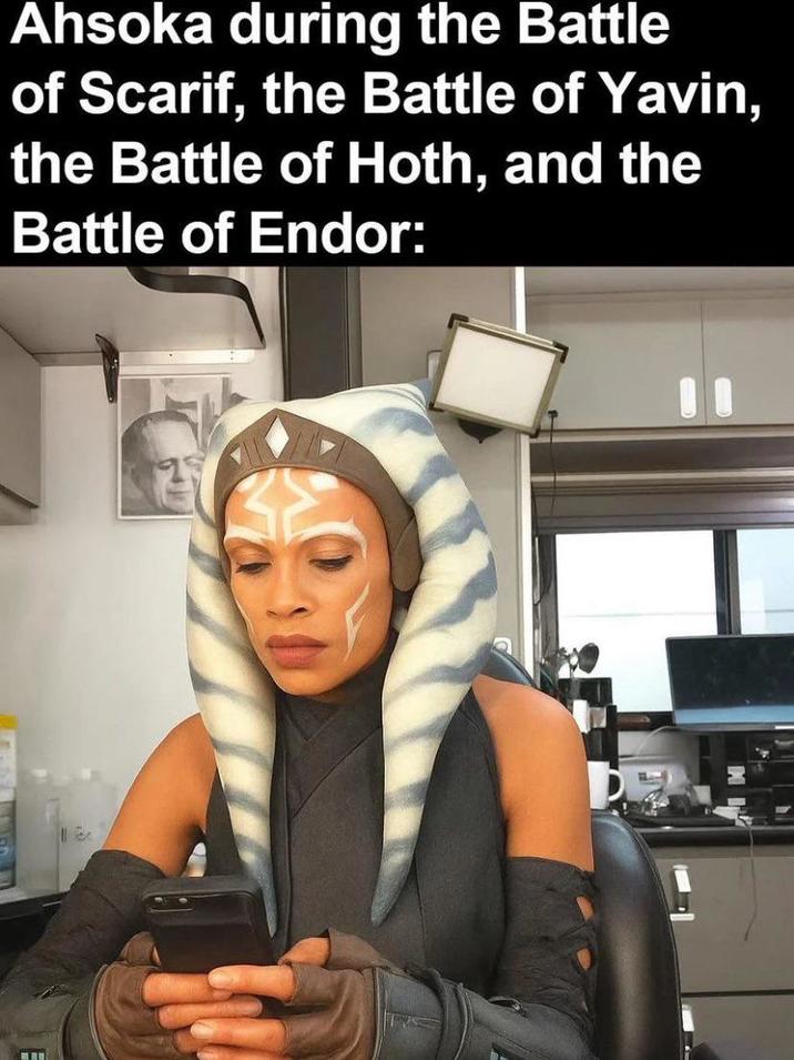 Ahsoka during the Battle of Scarif, the Battle of Yavin, the Battle of Hoth, and the Battle of Endor: