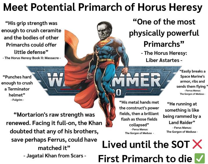 Meet Potential Primarch of Horus Heresy "His grip strength was enough to crush ceramite and the bodies of other Primarchs could offer little defense” - The Horus Heresy Book II: Massacre - "Punches hard enough to crush a Terminator helmet" - Fulgrim - W "One of the most physically powerful Primarchs" - The Horus Heresy: Liber Astartes - "Easily breaks a Space Marine's armor, ribs and sends them flying - Ferrus Manus: The Gorgon of Medusa - "Mortarion's raw strength was renewed. Facing it full-on, the Khan doubted that any of his brothers, save perhaps Ferrus, could have matched it" - Jagatai Khan from Scars - MMER 0 "His metal hands met the construct's power fields, then a brilliant flash as those fields collapsed" - Ferus Manus: The Gorgon of Medusa - "He running at something is like being rammed by a Land Raider" - Ferus Manus: The Gorgon of Medusa - Lived until the SOT X First Primarch to die ✓ "
