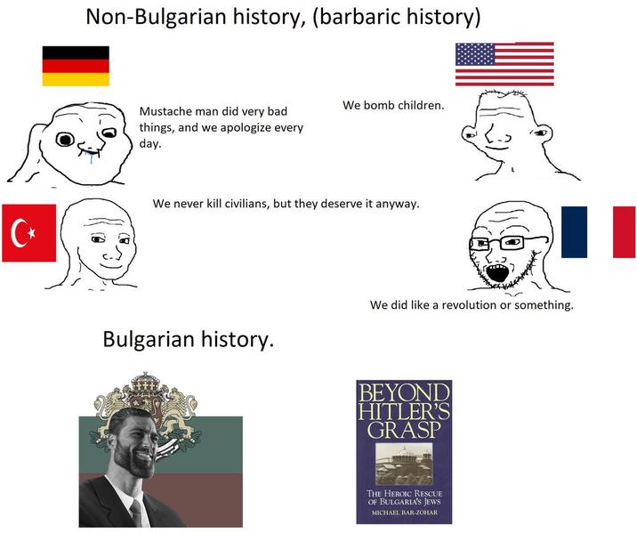 Non-Bulgarian history, (barbaric history) Mustache man did very bad things, and we apologize every day. We bomb children. C⭑ We never kill civilians, but they deserve it anyway. Bulgarian history. We did like a revolution or something. BEYOND HITLER'S GRASP THE HEROIC RESCUE OF BULGARIA'S JEWS MICHAEL BAR-ZOHAR