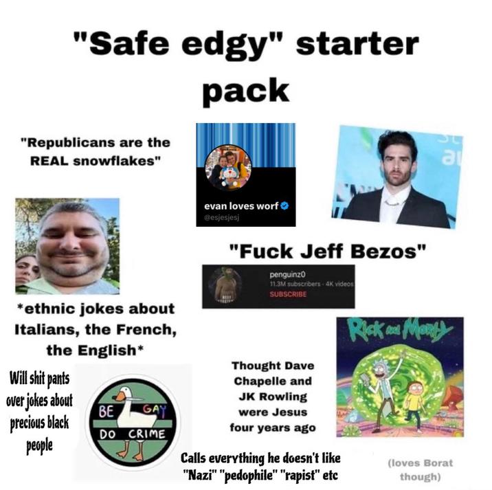 "Safe edgy" starter "Republicans are the REAL snowflakes" pack evan loves worf❤ @esjesjesj "F--- Jeff Bezos" penguinzo 11.3M subscribers - 4K videos SUBSCRIBE S al *ethnic jokes about Italians, the French, the English* Will s--- pants over jokes about precious black people BE GAY DO CRIME Thought Dave Chapelle and JK Rowling were Jesus four years ago Calls everything he doesn't like "Nazi" "p--------" "r-----" etc Rick and Morty (loves Borat though)