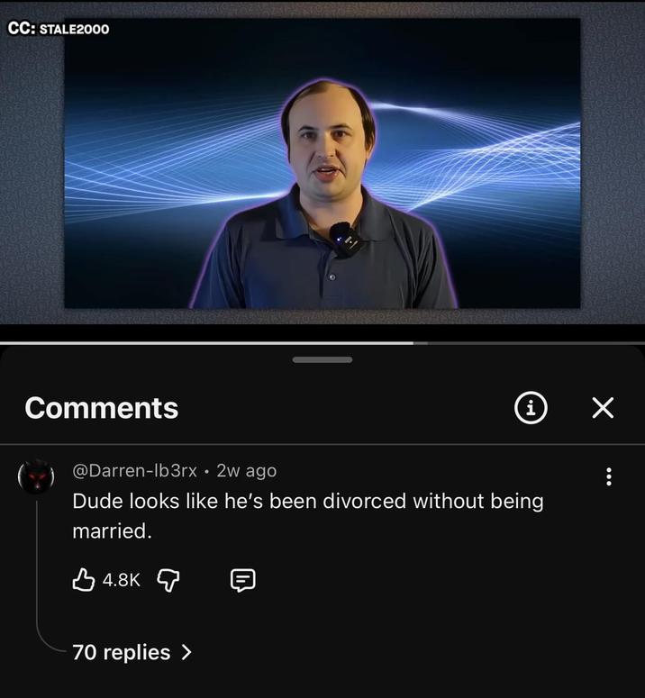 CC: STALE2000 Comments @Darren-lb3rx • 2w ago i ✓ Dude looks like he's been divorced without being married. 4.8K 70 replies >