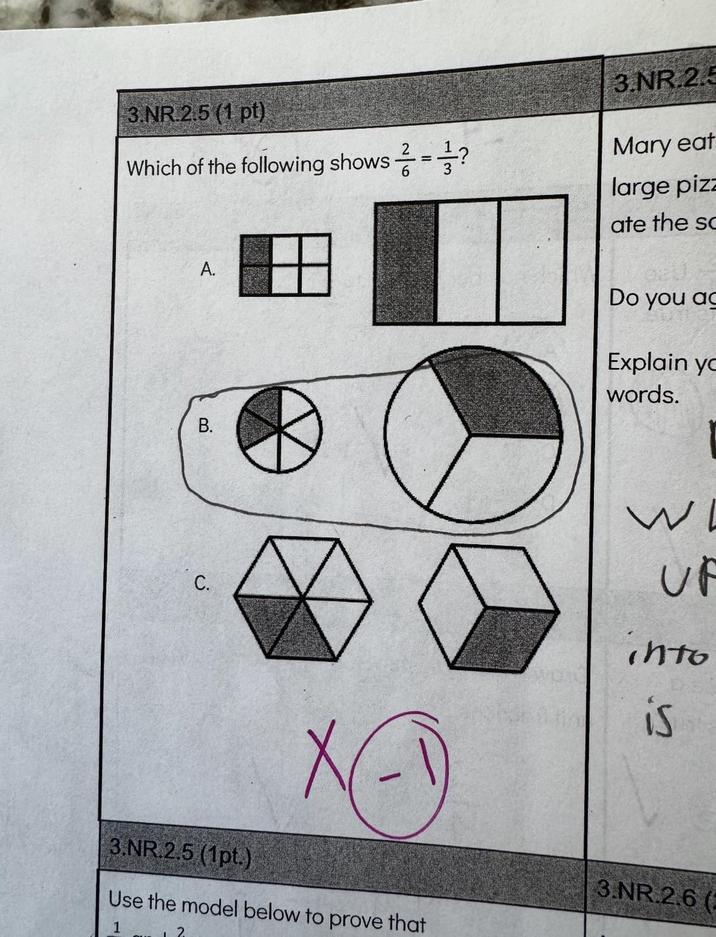 3.NR.2.5 3.NR.2.5 (1 pt) Which of the following shows — = ? Mary eat 6 large pizz ate the so A. B. Do you ag Explain yo words. C. W UP into is 3.NR.2.5 (1pt.) Use the model below to prove that 3.NR.2.6 ( 1
