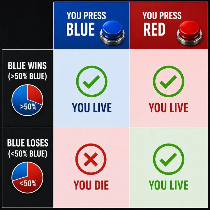 BLUE WINS (>50% BLUE) YOU PRESS BLUE YOU PRESS RED >50% YOU LIVE YOU LIVE BLUE LOSES (<50% BLUE) (☑ <50% YOU DIE YOU LIVE