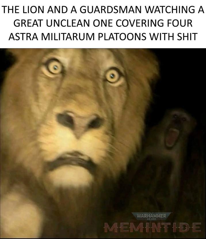 THE LION AND A GUARDSMAN WATCHING A GREAT UNCLEAN ONE COVERING FOUR ASTRA MILITARUM PLATOONS WITH S--- e WARHAMMER 40.000 MEMINTIDE