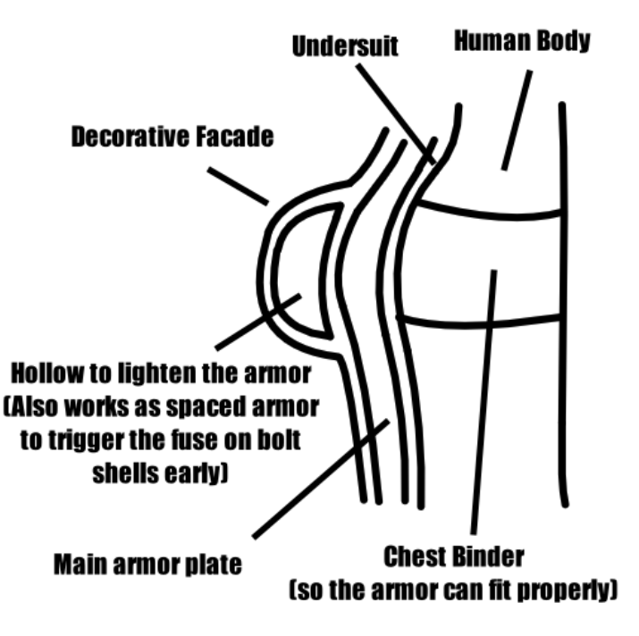 Decorative Facade Undersuit Human Body Hollow to lighten the armor (Also works as spaced armor to trigger the fuse on bolt shells early) Main armor plate Chest Binder (so the armor can fit properly)