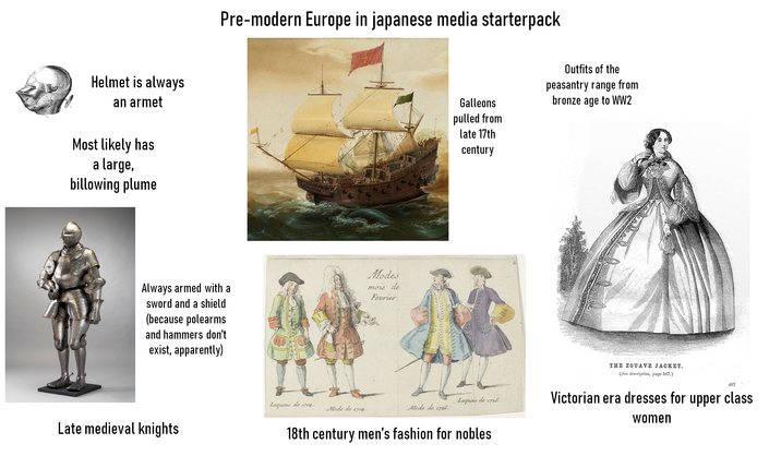 Helmet is always an armet Most likely has a large, billowing plume Pre-modern Europe in japanese media starterpack Always armed with a sword and a shield (because polearms and hammers don't exist, apparently) Modes mois de Fevrier. Late medieval knights Galleons pulled from late 17th century Outfits of the peasantry range from bronze age to WW2 Laquais de 1726 Laquais de 1714. Mode de 1714. Mode de 1726. 18th century men's fashion for nobles THE ZOUAVE JACKET. (See description, page 567.) 487 Victorian era dresses for upper class Women