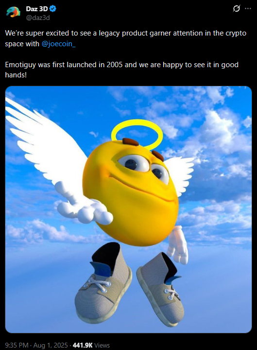 "We’re super excited to see a legacy product garner attention in the crypto space with 
@joecoin_
 
Emotiguy was first launched in 2005 and we are happy to see it in good hands!"