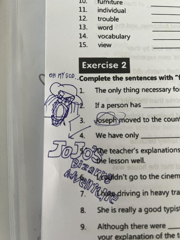 furnitured to 11. individual 12. trouble 13. word 14. vocabulary 15. view Exercise 2 OH MY GOD.. Complete the sentences with "f bib yatem lled) 1. The only thing necessary fo naril 9210 If a person has 3. Joseph moved to the count 4. We have only 92 JoJoe The teacher's explanations the lesson well. 26W 92 orl art terit b Advent driving in heavy tra Bizarnoldn't go to the cinem 1. 8. She is really a good typist 9. Although there were your explanation of the t