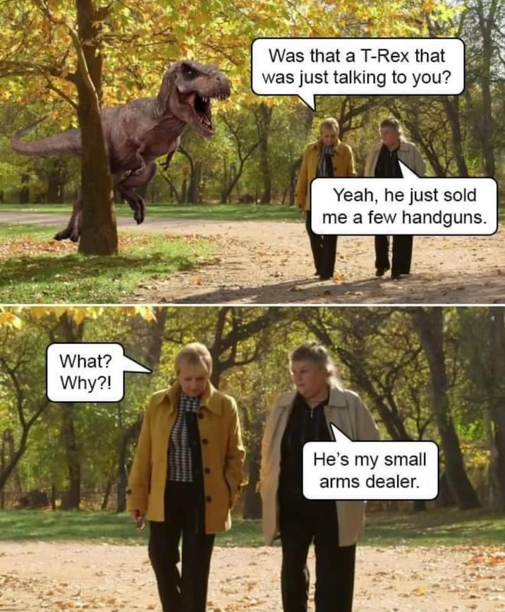 What? Why?! Was that a T-Rex that was just talking to you? Yeah, he just sold me a few handguns. He's my small arms dealer.