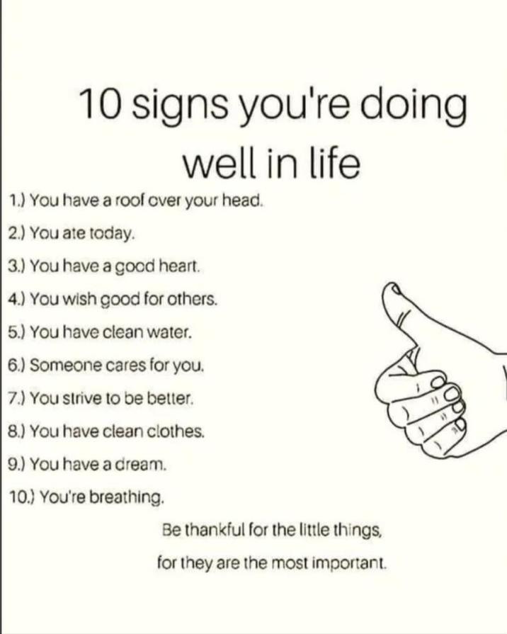 10 signs you're doing well in life 1.) You have a roof over your head. 2.) You ate today. 3.) You have a good heart. 4.) You wish good for others. 5.) You have clean water. 6.) Someone cares for you. 7.) You strive to be better. 8.) You have clean clothes. 9.) You have a dream. 10.) You're breathing. Be thankful for the little things, for they are the most important.
