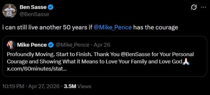 A tweet by politician Ben Sasse. It reads, "i can still live another 50 years if @Mike_Pence has the courage."
