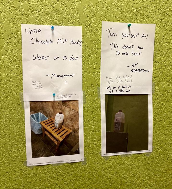 DEAR Chocolate Milk Bandit WE'RE ON To You! Keep on Dreaming chocolate Milk Bandit - Management Im sorry I forgot it forgive Me Turn yourself IN! This doesn't have To end Sour - AF management Fix the bikes! 2/6 = 33% dan! only one is down = 168/ down 16