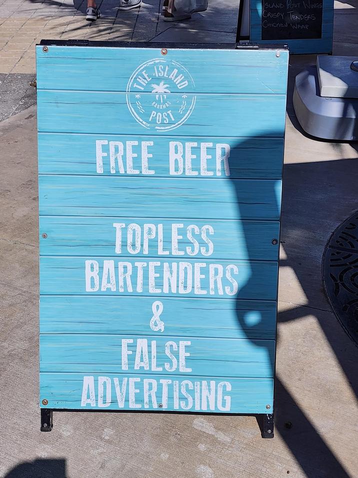 SLAND POST WINGS CRISPY TENDERS CHICKEN WAAP THE ISLAND FREE BEER BARTENDERS & FALSE ADVERTISING