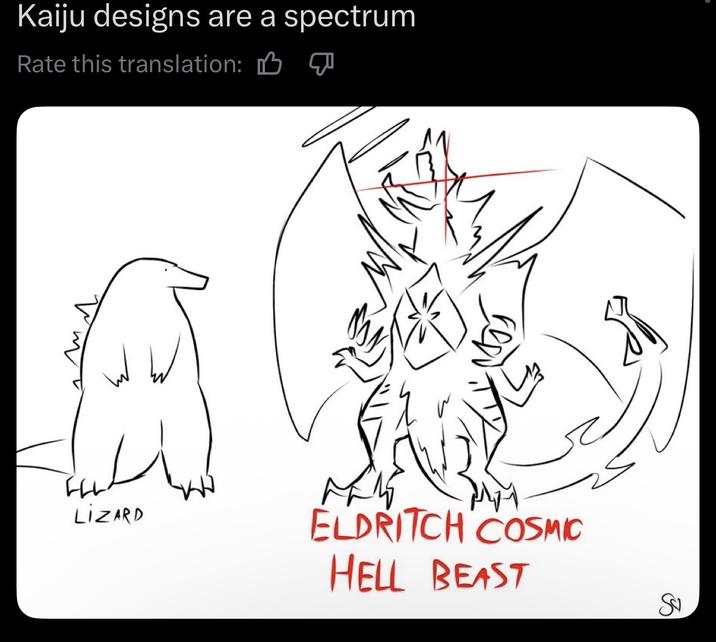 Kaiju designs are a spectrum Rate this translation: B FLL LIZARD ELDRITCH COSMIC HELL BEAST IS