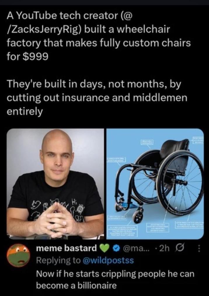A YouTube tech creator (@ /Zacks Jerry Rig) built a wheelchair factory that makes fully custom chairs for $999 They're built in days, not months, by cutting out insurance and middlemen entirely @ma... 2h Replying to @wildpostss Now if he starts crippling people he can become a billionaire
