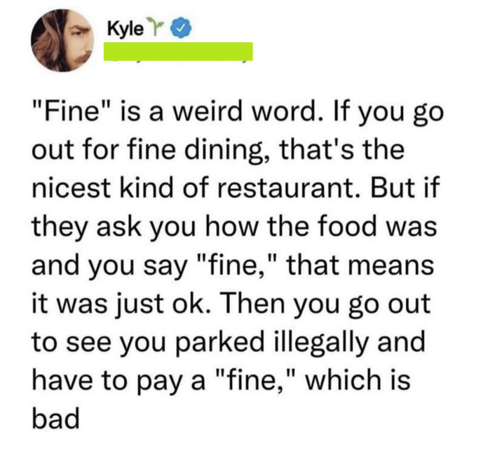 Kyle "Fine" is a weird word. If you go out for fine dining, that's the nicest kind of restaurant. But if they ask you how the food was and you say "fine," that means it was just ok. Then you go out to see you parked illegally and have to pay a "fine," which is bad