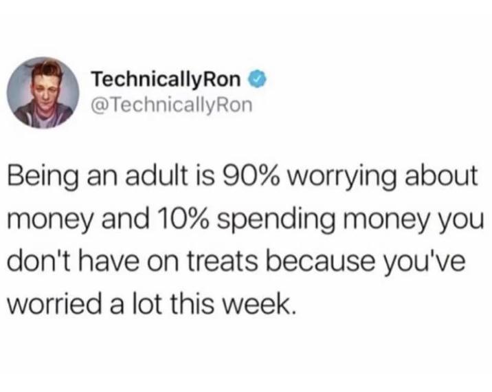 TechnicallyRon ❤ @TechnicallyRon Being an adult is 90% worrying about money and 10% spending money you don't have on treats because you've worried a lot this week.