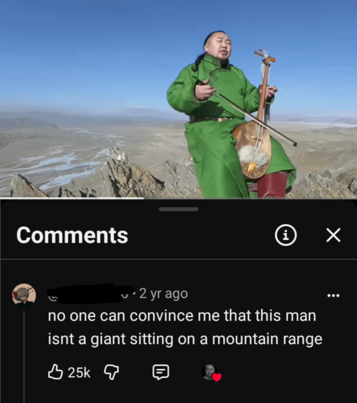 Comments i ☑ • 2 yr ago no one can convince me that this man isnt a giant sitting on a mountain range 25k 目