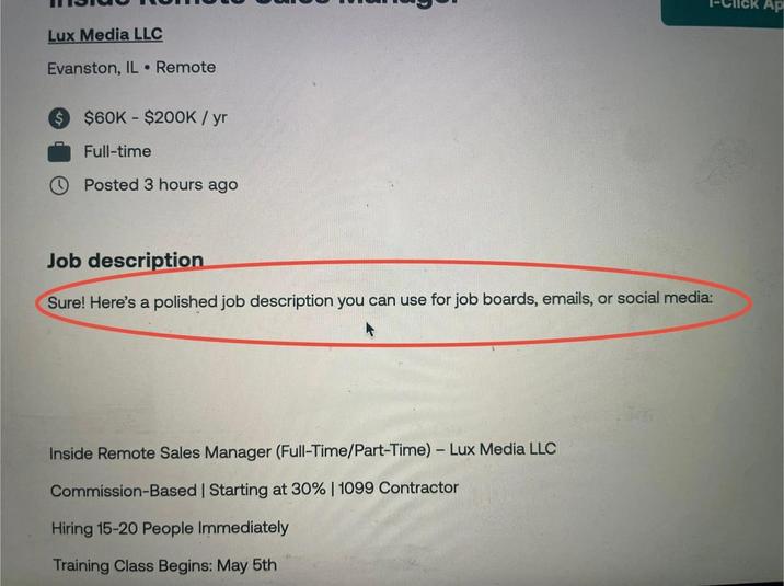 Lux Media LLC Evanston, IL • Remote $60K $200K/yr Full-time Posted 3 hours ago Job description Sure! Here's a polished job description you can use for job boards, emails, or social media: Inside Remote Sales Manager (Full-Time/Part-Time) - Lux Media LLC Commission-Based | Starting at 30% | 1099 Contractor Hiring 15-20 People Immediately Training Class Begins: May 5th Ap