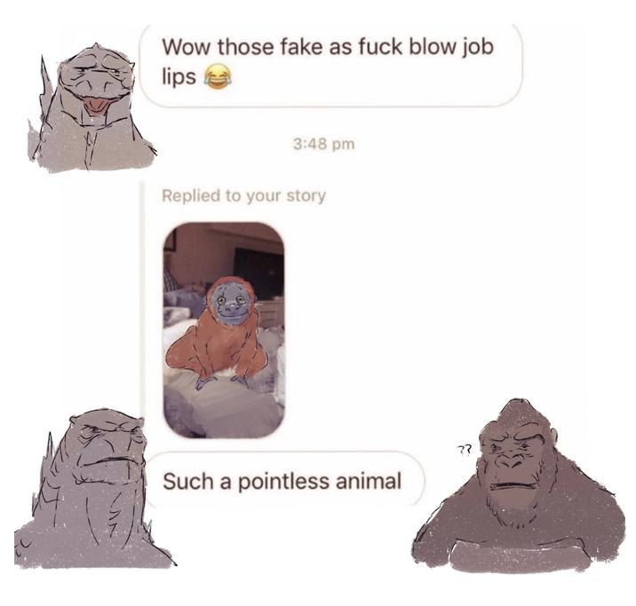 Wow those fake as f--- b------- lips 3:48 pm Replied to your story ?? Such a pointless animal