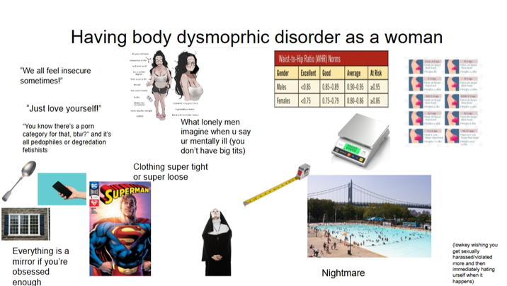Having body dysmoprhic disorder as a woman "We all feel insecure Waist-to-Hip Ratio (WHR) Norms sometimes!" "Just love yourself!" "You know there's a p--- category for that, btw?" and it's all pedophiles or degredation fetishists Everything is a mirror if you're obsessed enough What lonely men imagine when u say ur mentally ill (you don't have b-------) Clothing super tight or super loose SUPERMAN B Gender Excellent Good Average At Risk Males <0.85 0.85-0.89 0.90-0.95 0.95 Females <0.75 0.75-0.79 0.80-0.86 0.86 Nightmare (lowkey wishing you get sexually harassed/violated more and then immediately hating urself when it happens)